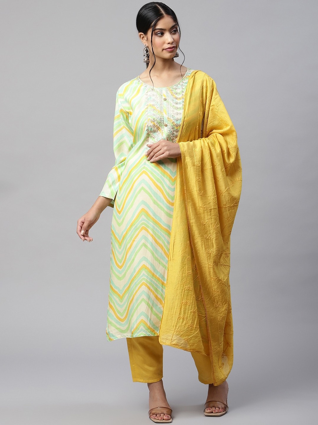 

Readiprint Fashions Women Embroidered Pure Cotton Kurta & Trousers With Dupatta, Mustard