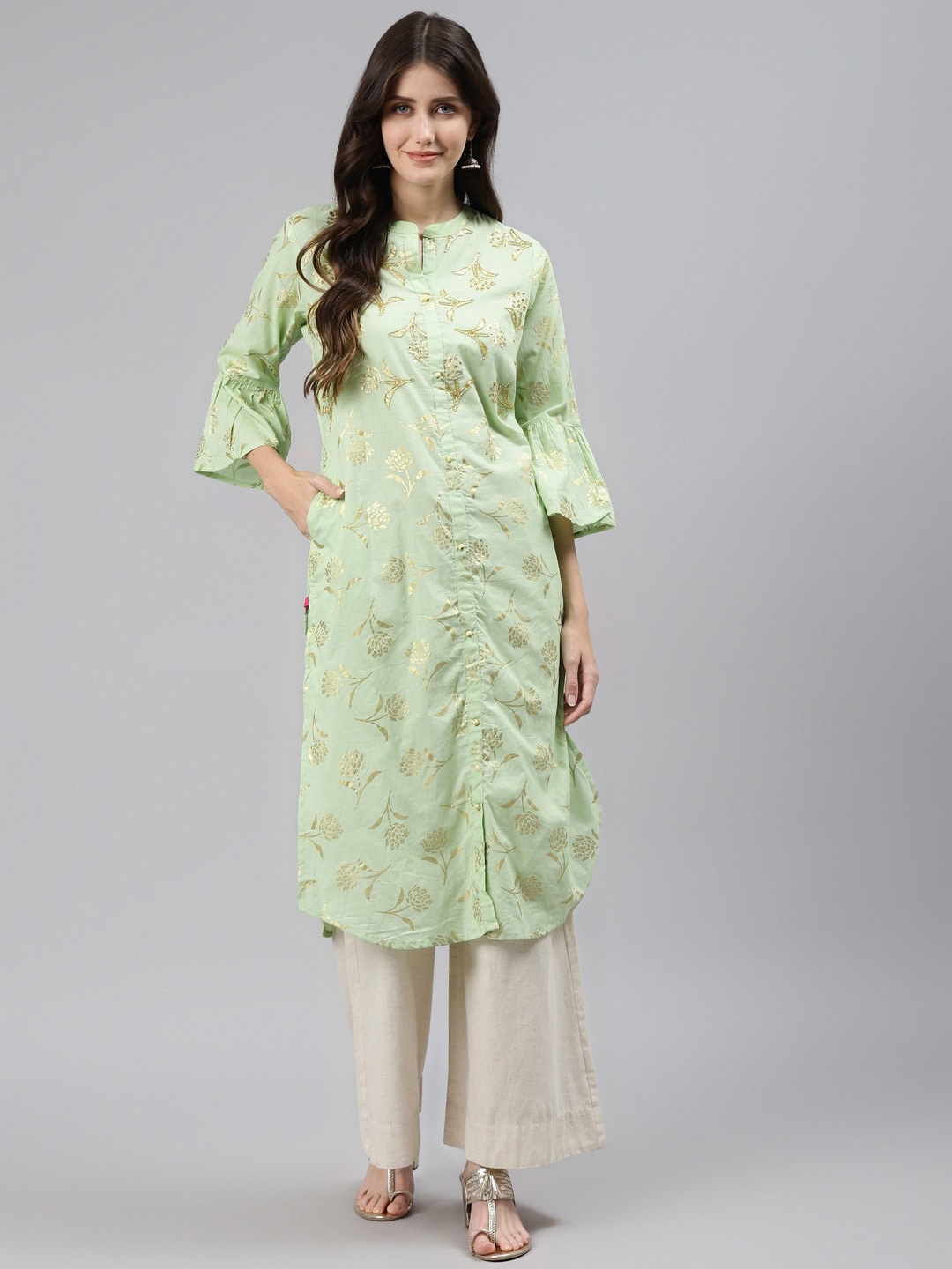 

Readiprint Fashions Women Floral Printed Sequined Pure Cotton Pastels Kurta, Green