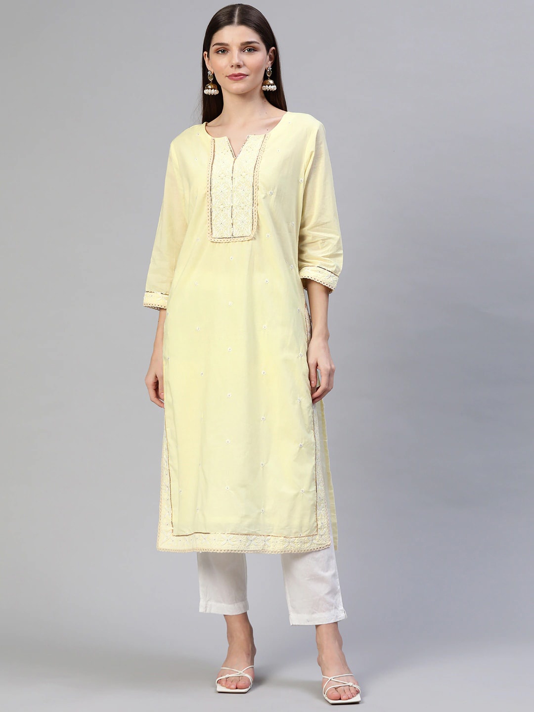 

Readiprint Fashions Women Ethnic Motifs Yoke Design Thread Work Cotton Kurta, Yellow