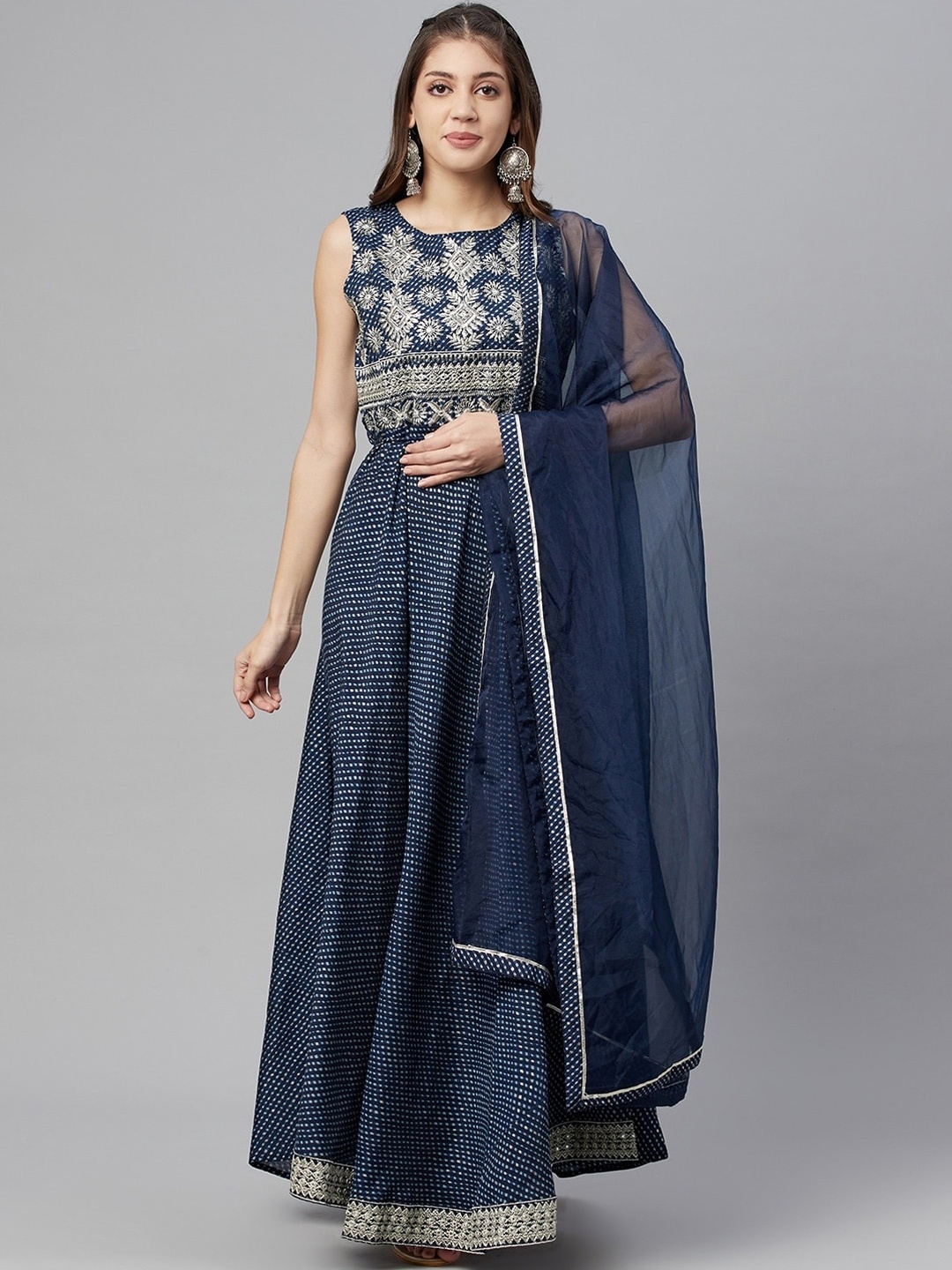 

Readiprint Fashions Floral Yoke Design Thread Work Raw Silk Anarkali Kurta With Dupatta, Navy blue