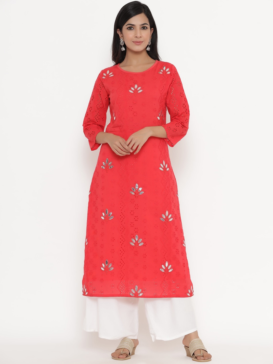 

Readiprint Fashions Floral Schiffli Cotton Kurta, Red