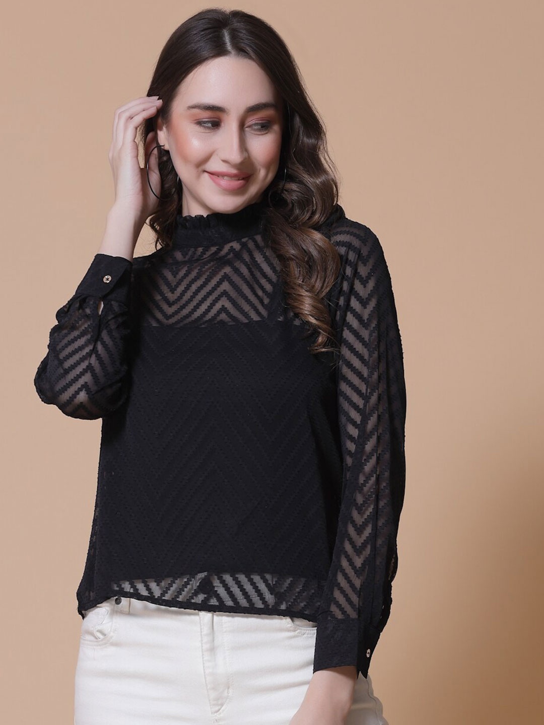 

HOUSE OF KKARMA Geometric Self Design Sheer Top, Black