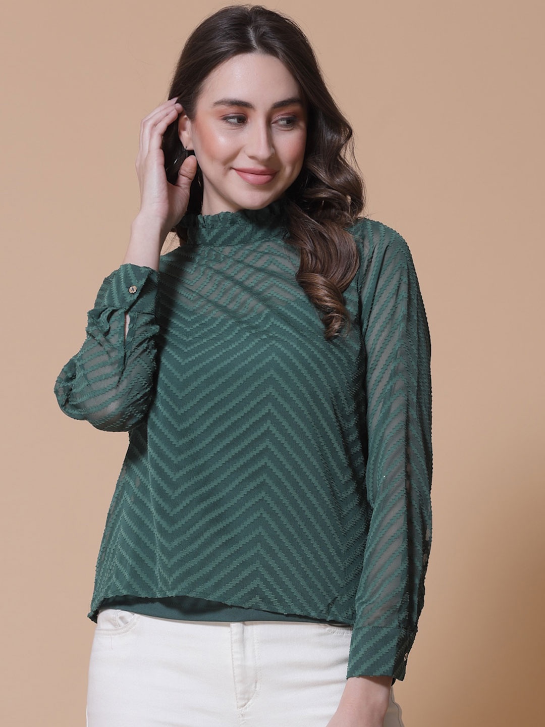 

HOUSE OF KKARMA Geometric Self Design Sheer Top, Green