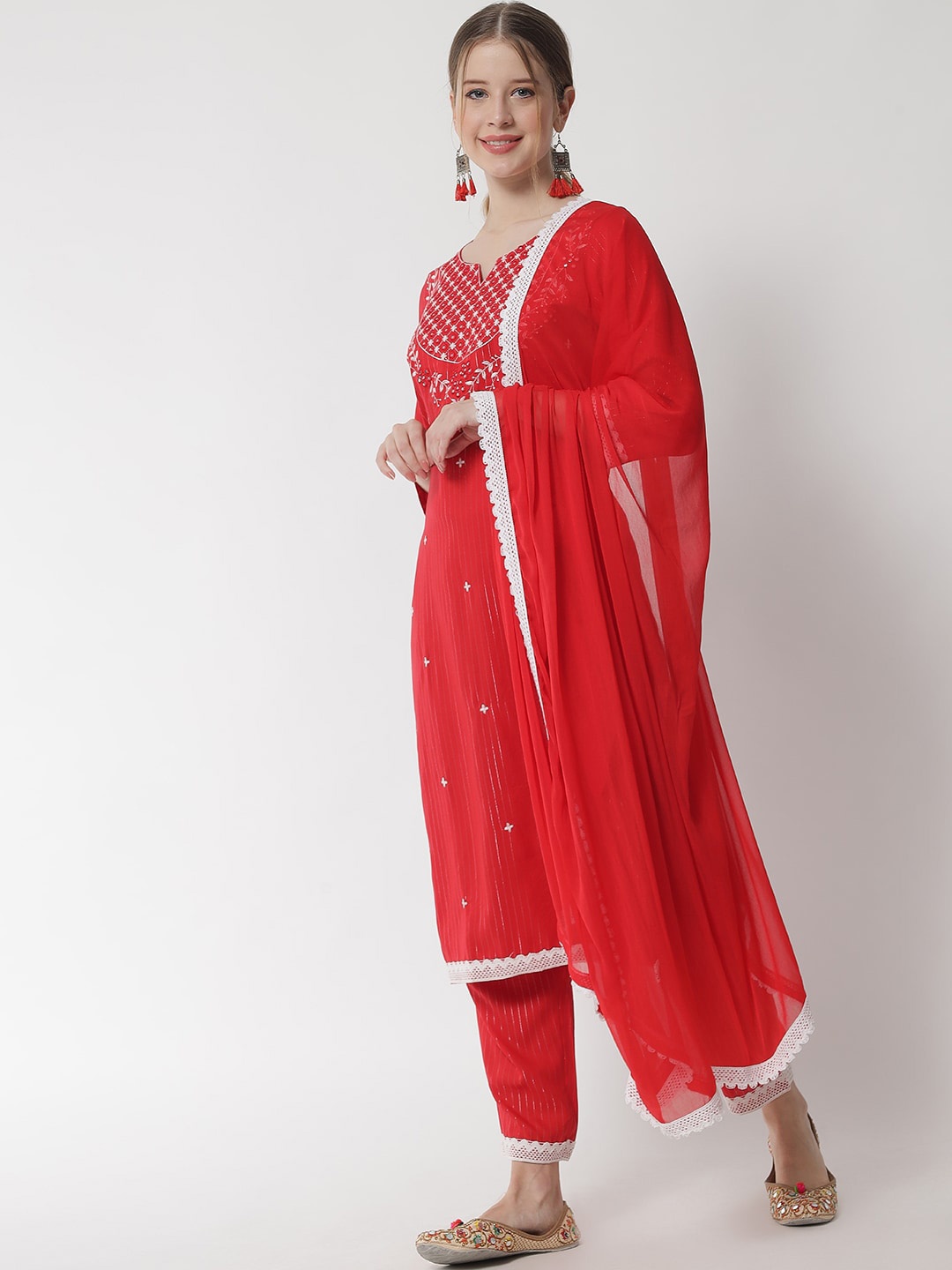 

IkDaiya Embroidered Kurta with Trousers & Dupatta, Red