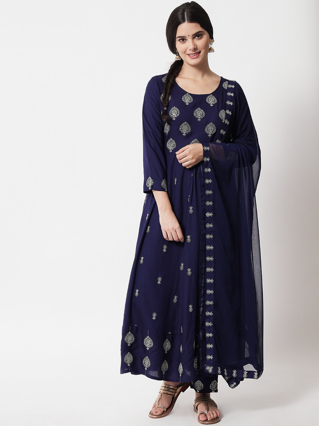 

IkDaiya Women Ethnic Motifs Embroidered Kurta & Trousers With Dupatta, Navy blue