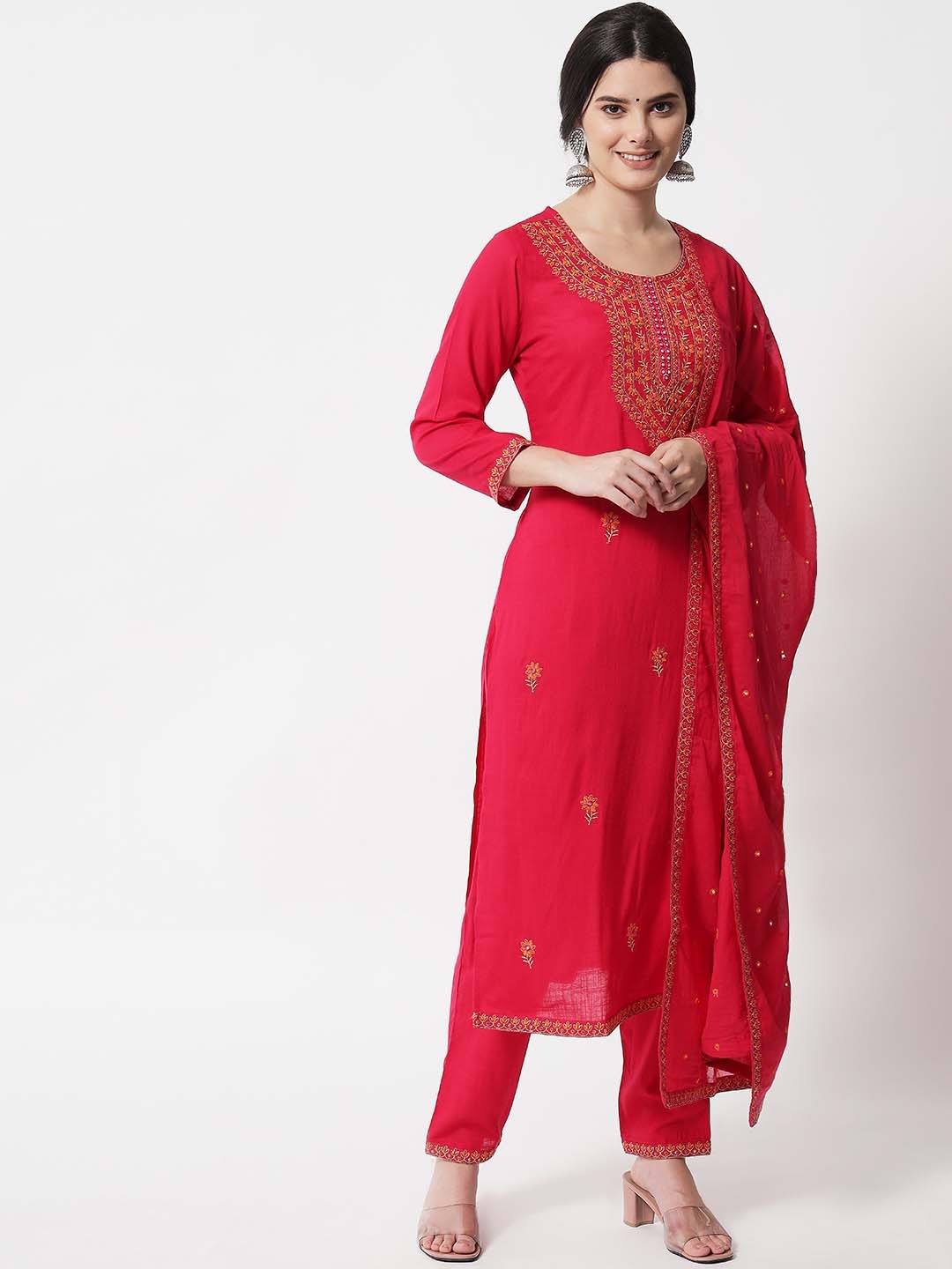 

IkDaiya Women Floral Embroidered Round Neck Kurta with Trousers & Dupatta, Pink