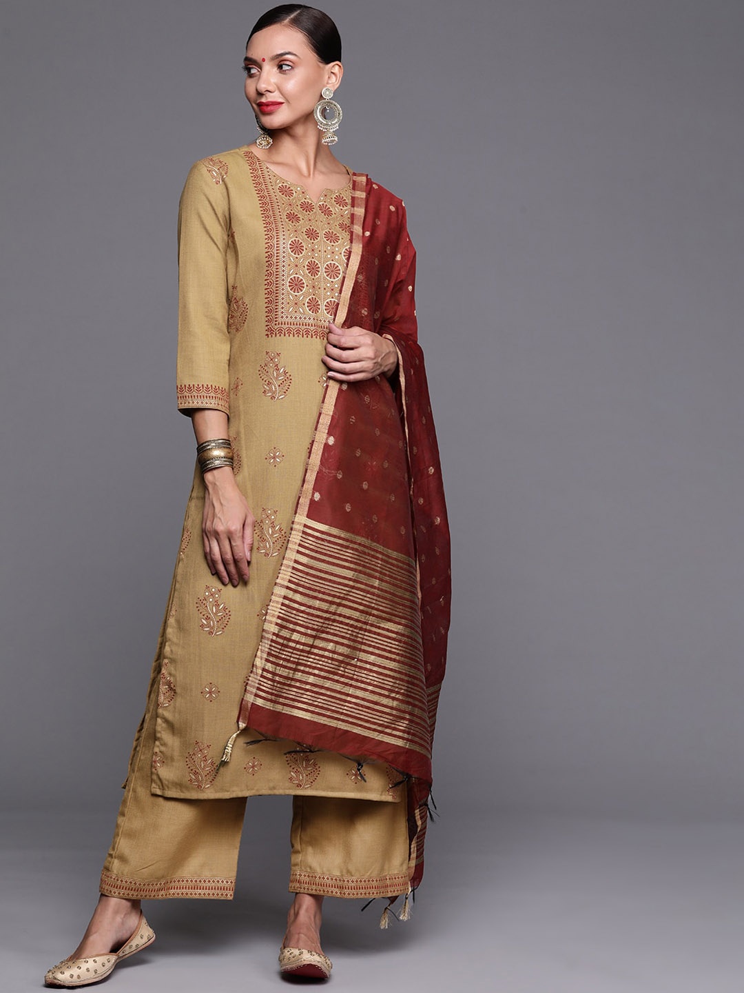 

Indo Era Ethnic Motifs Printed Kurta with Palazzos & Dupatta, Brown