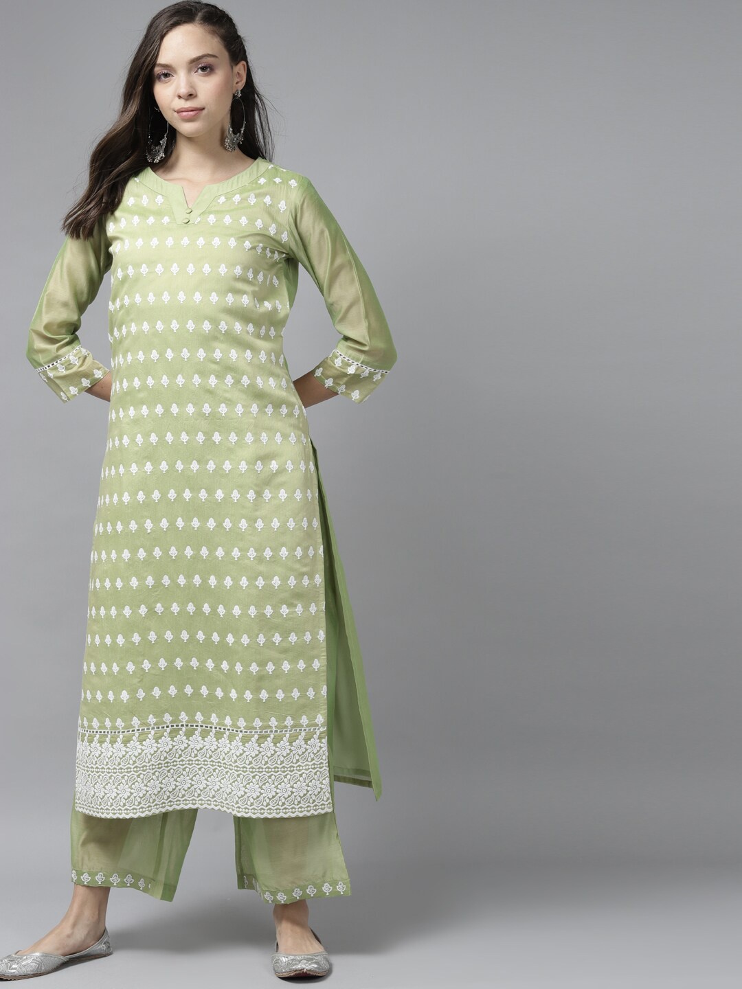 

Indo Era Floral Embroidered Kurta with Palazzos, Green