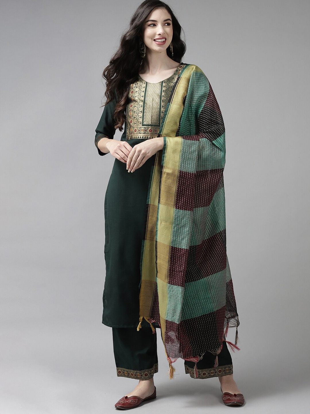 

Indo Era Ethnic Motifs Yoke Design Kurta with Palazzos & Dupatta, Green