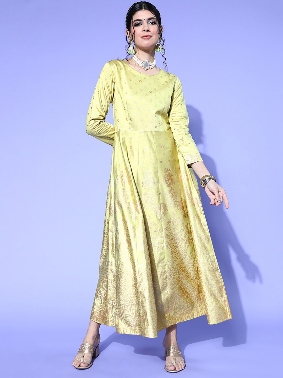 

Indo Era Floral Printed Liva Maxi Ethnic Dress, Green