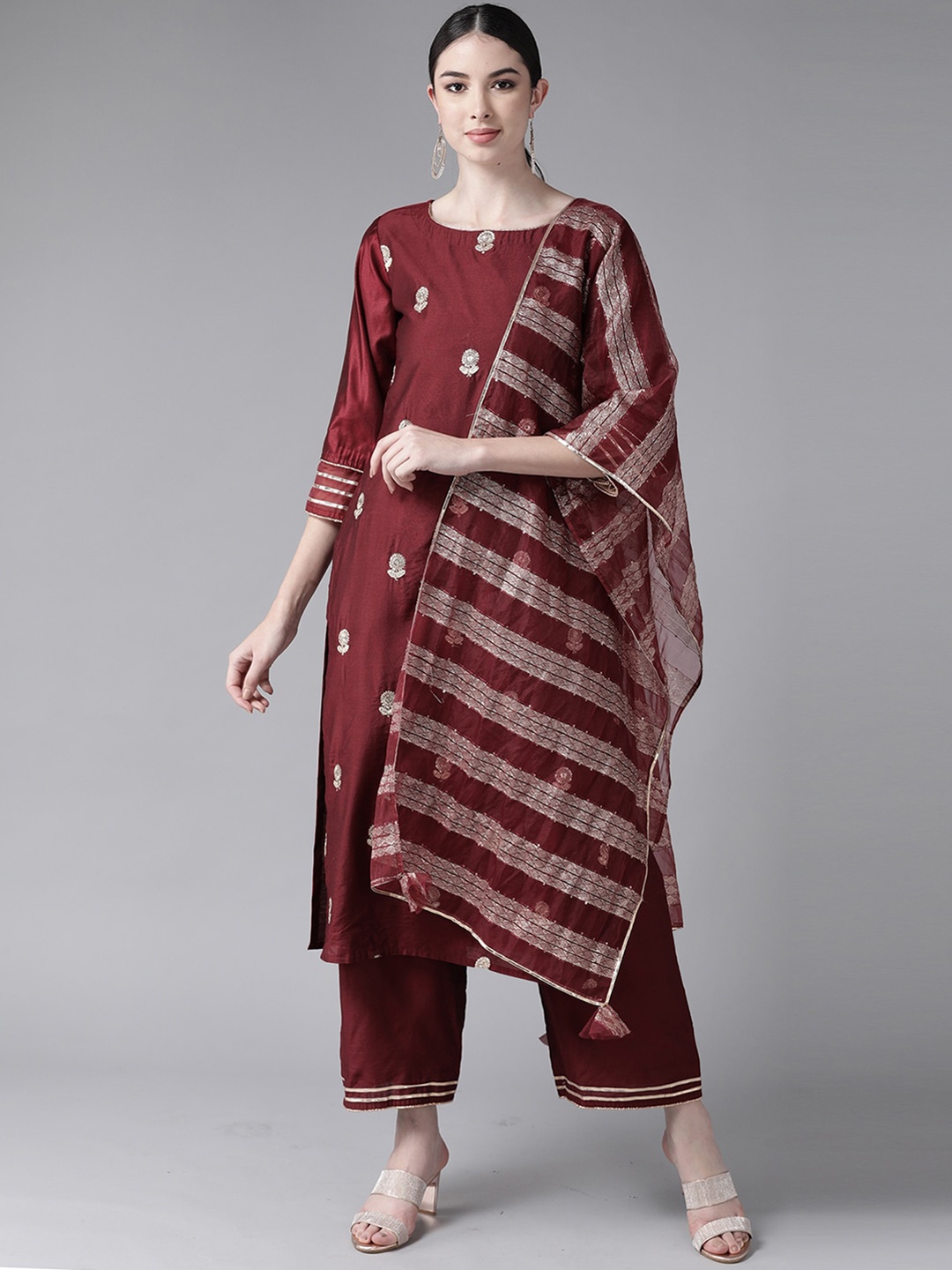 

Indo Era Ethnic Motifs Embroidered Kurta with Trousers & Dupatta, Maroon