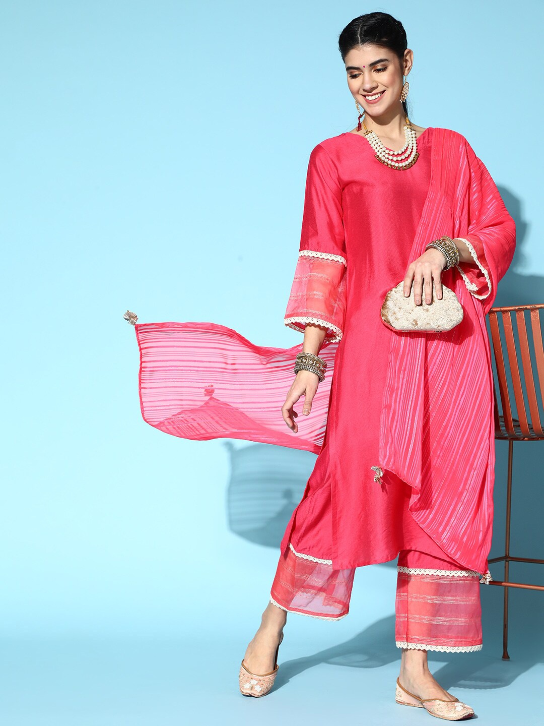 

Indo Era Gotta Patti Kurta with Palazzos & Dupatta, Pink