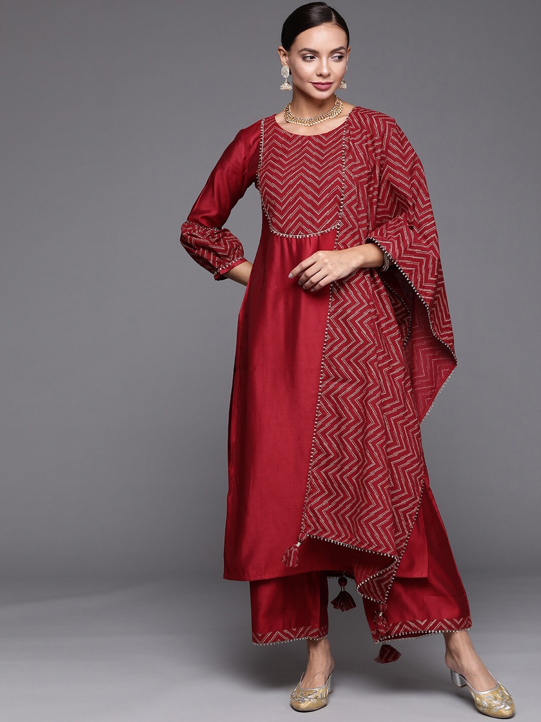 

Indo Era Ethnic Motifs Yoke Design Kurta with Palazzos & Dupatta, Red