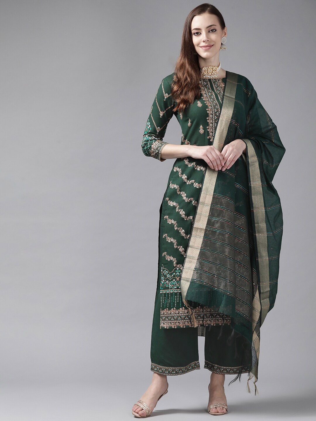 

Indo Era Ethnic Motifs Printed Kurta with Palazzos & Dupatta, Green