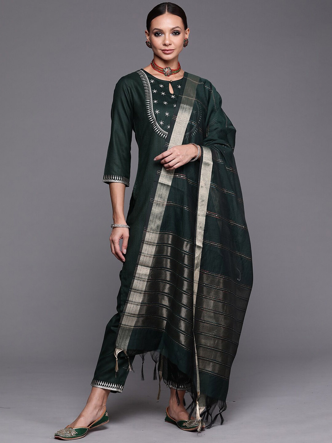 

Indo Era Ethnic Motifs Yoke Design Kurta with Trousers & Dupatta, Green