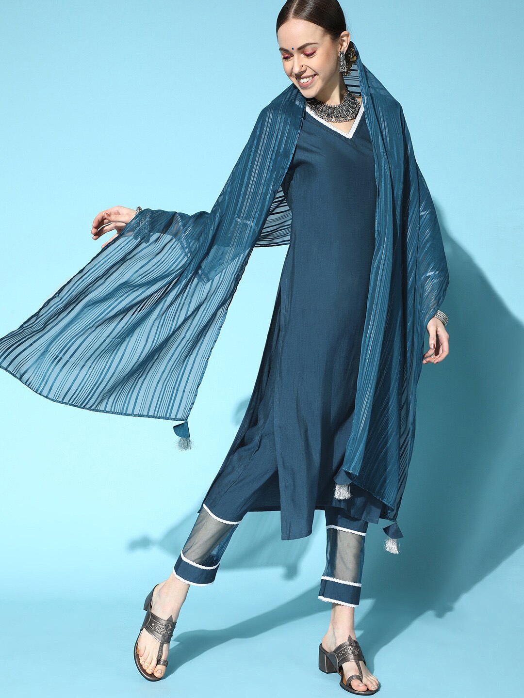 

Indo Era V-Neck Kurta with Trousers & Dupatta, Teal