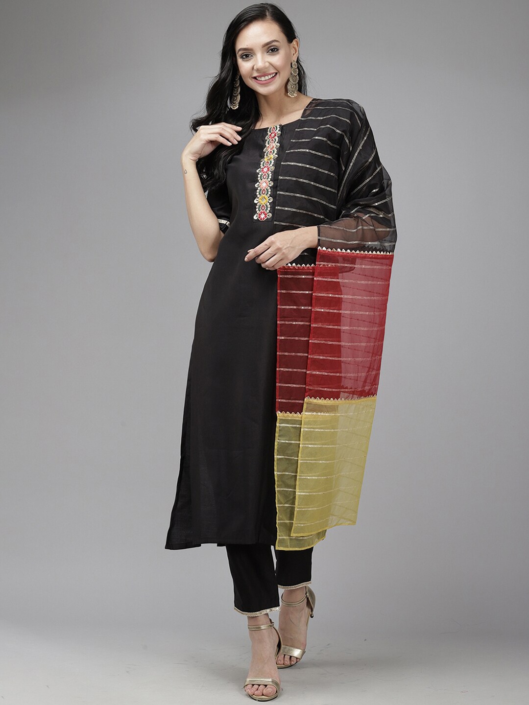 

Indo Era Women Round Neck Embroidered Liva Kurta & Trousers With Dupatta, Black