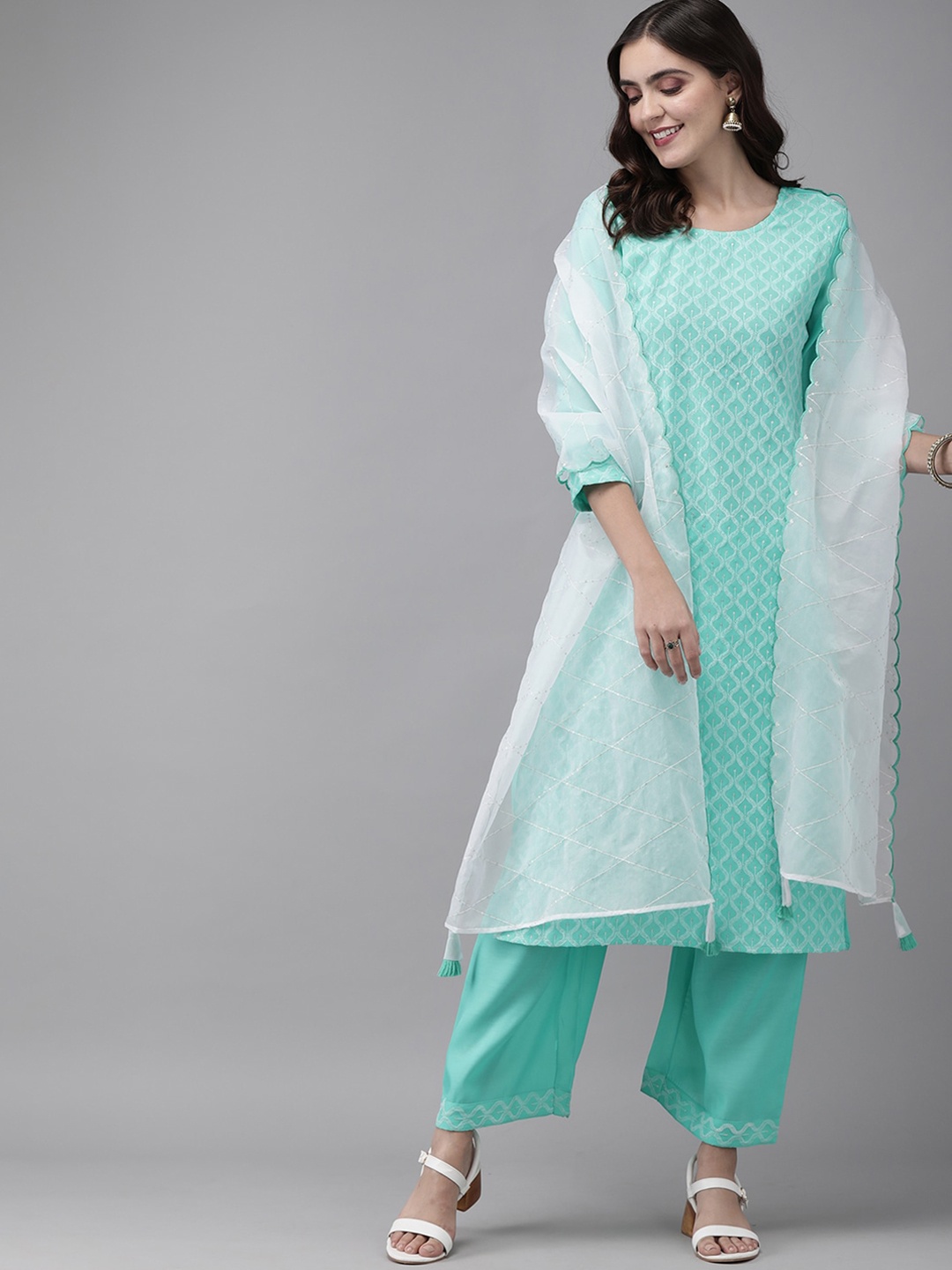 

Indo Era Women Embroidered Kurta & Trousers With Dupatta, Green