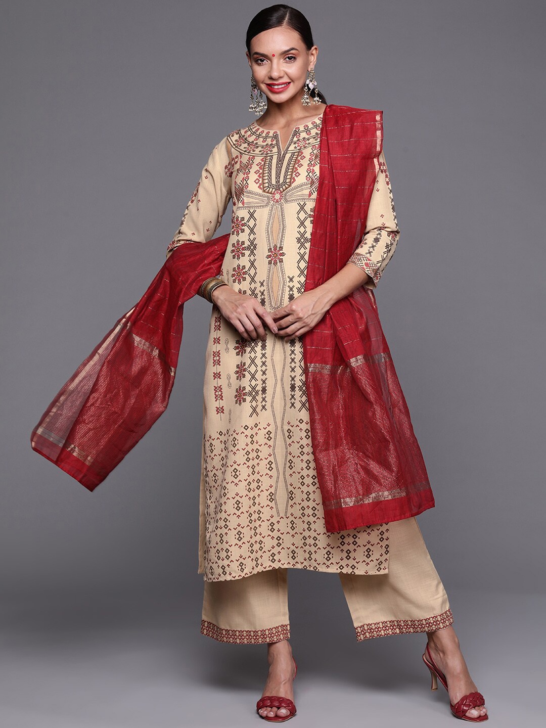 

Indo Era Women Ethnic Motifs Printed Kurta & Palazzos With Dupatta, Beige