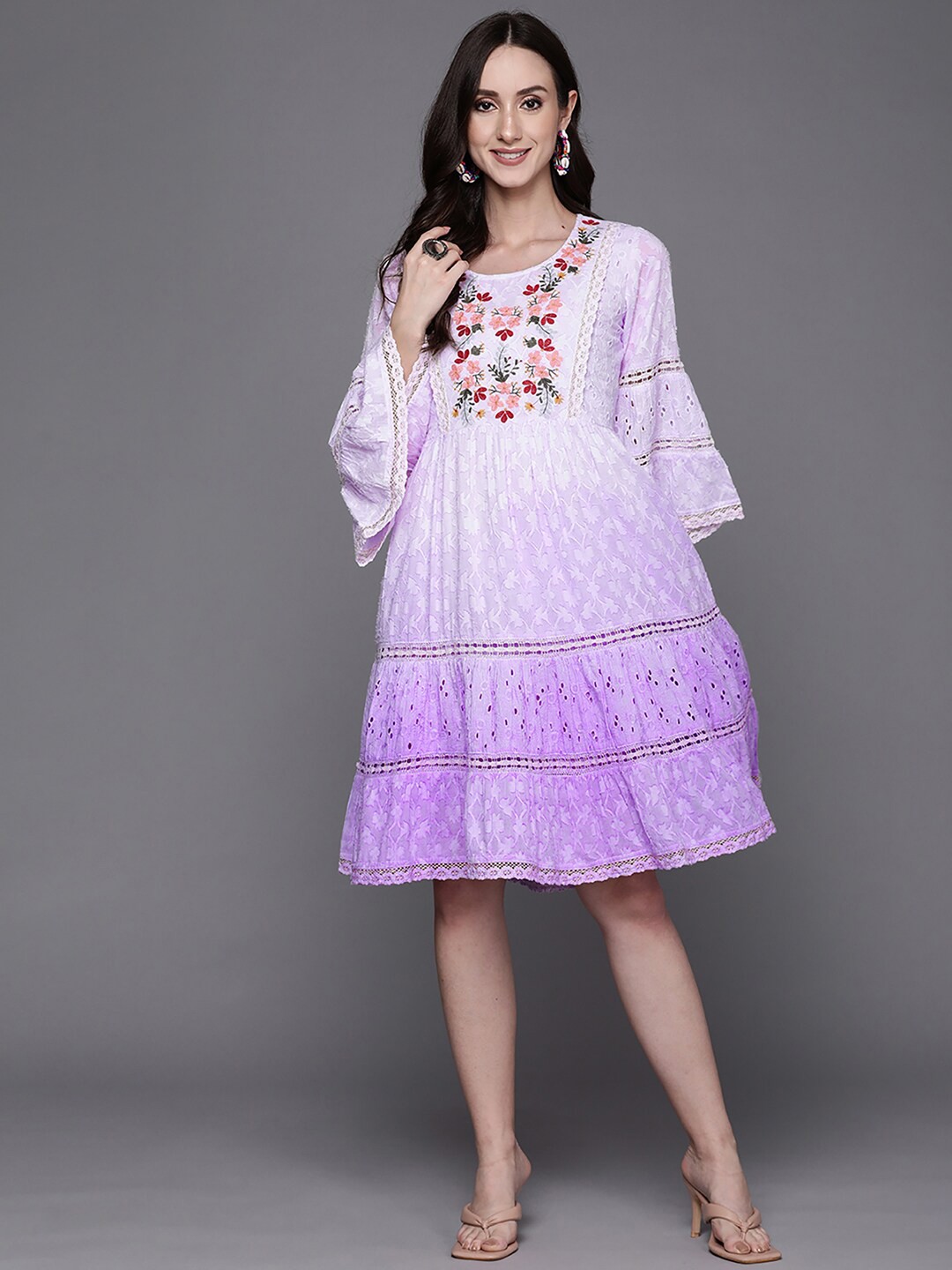 

Indo Era Embroidered Cotton A-Line Dress, Lavender