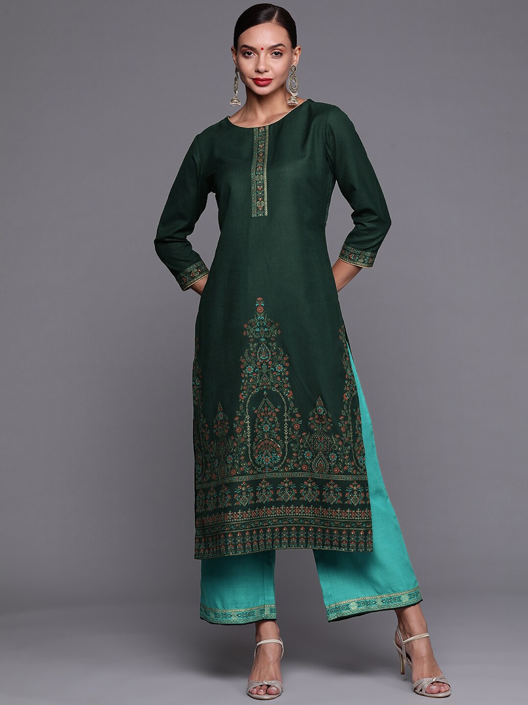 

Indo Era Women Round Neck Ethnic Motifs Printed Kurta With Palazzos, Green