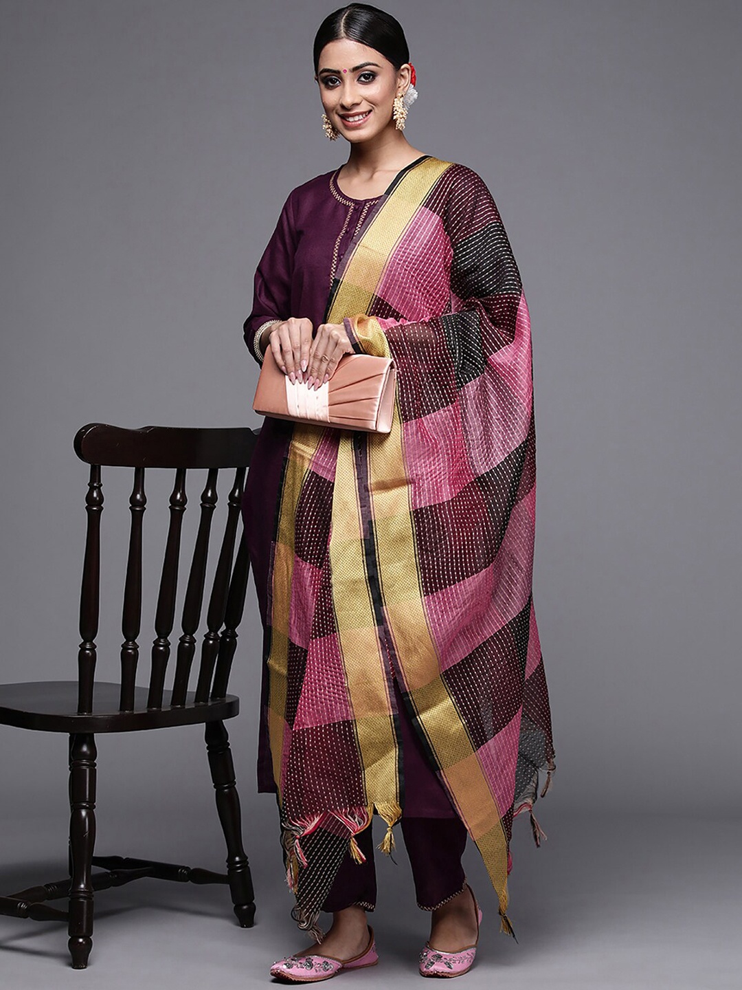 

Indo Era Women Round Neck Ethnic Motifs Kurta & Trousers With Dupatta, Purple