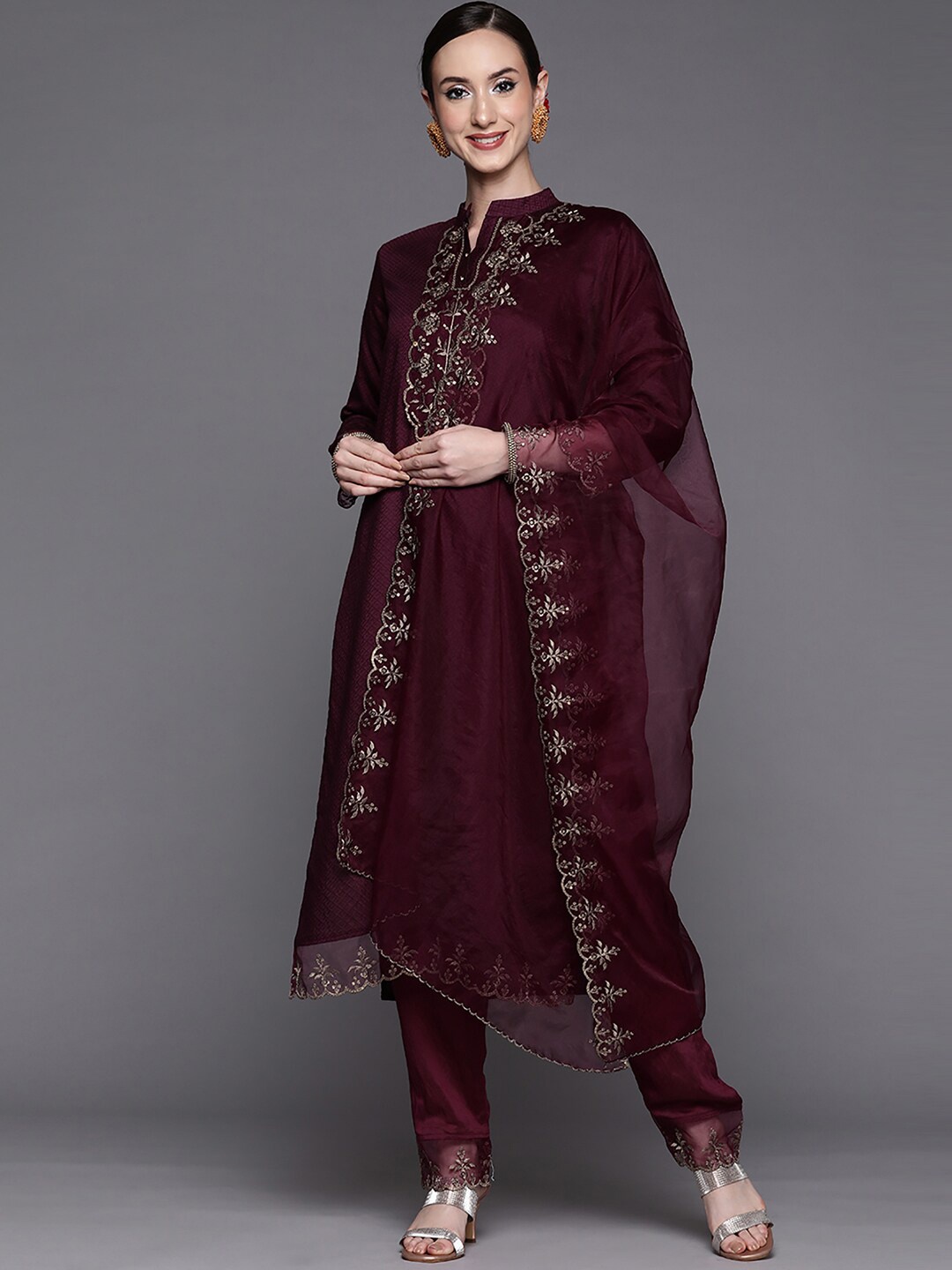 

Indo Era Women Band Collar Embroidered Kurta & Trousers With Dupatta, Burgundy