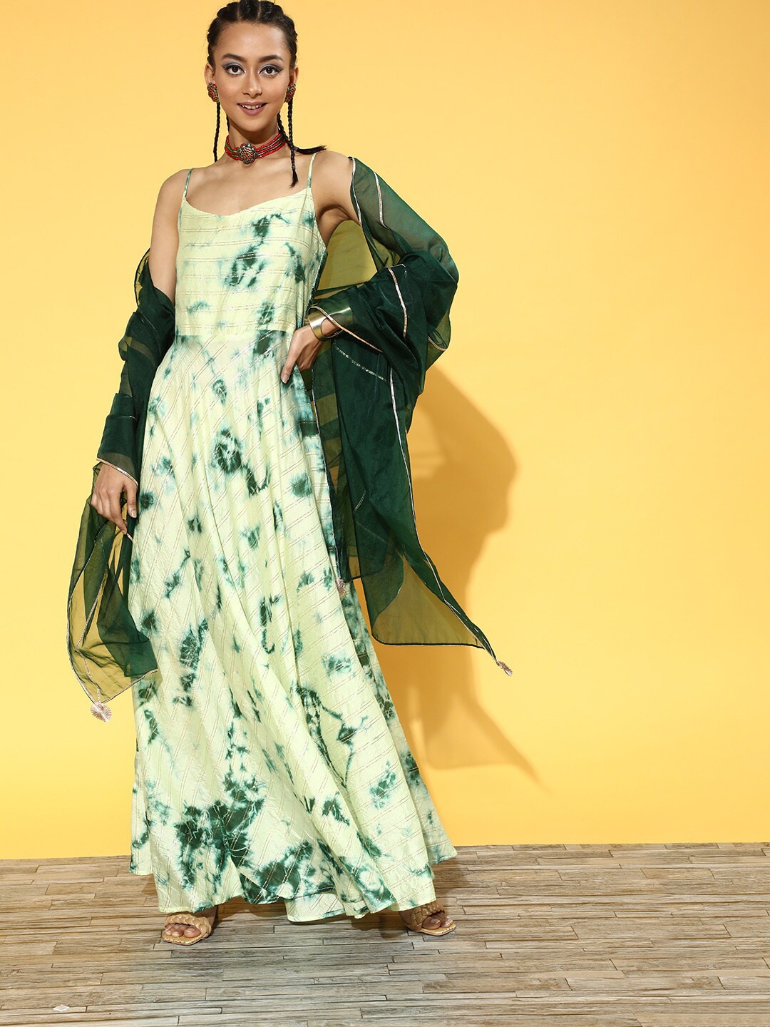 

Indo Era Tie and Dye Liva A-Line Ethnic Dress, Green