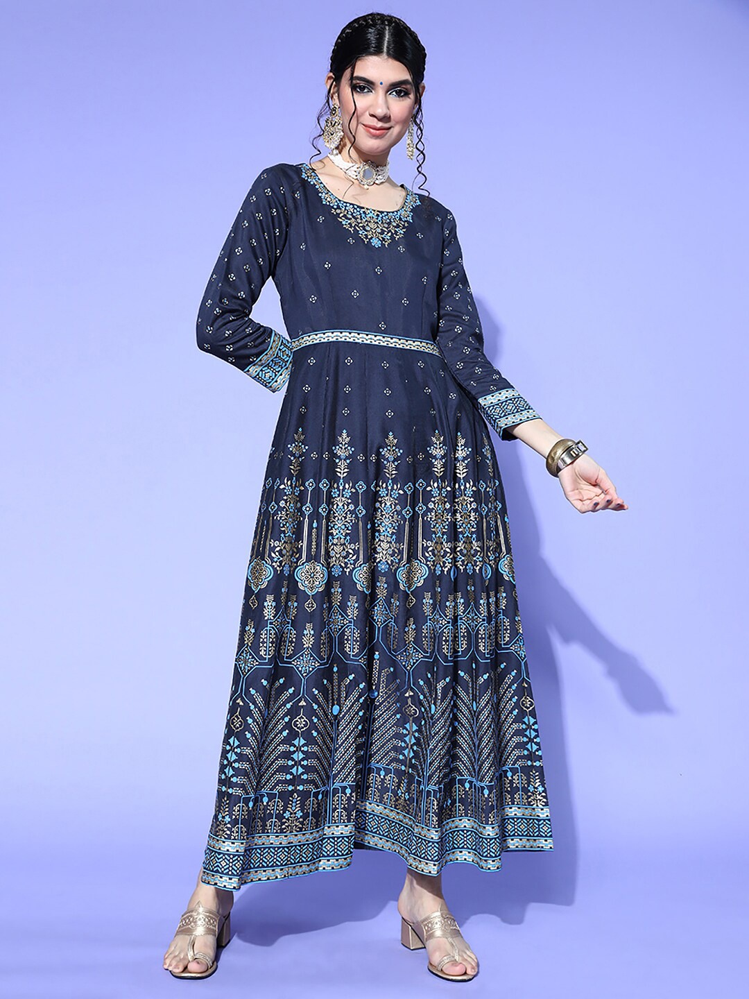 

Indo Era Ethnic Motifs Printed Liva Maxi Ethnic Dress, Navy blue