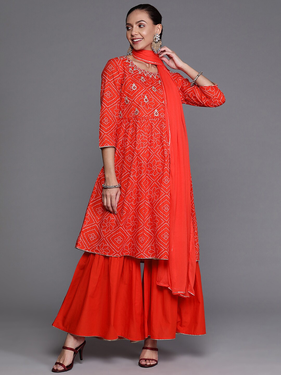 

Indo Era Women Ethnic Motifs Embroidered Kurta With Sharara & Dupatta, Red
