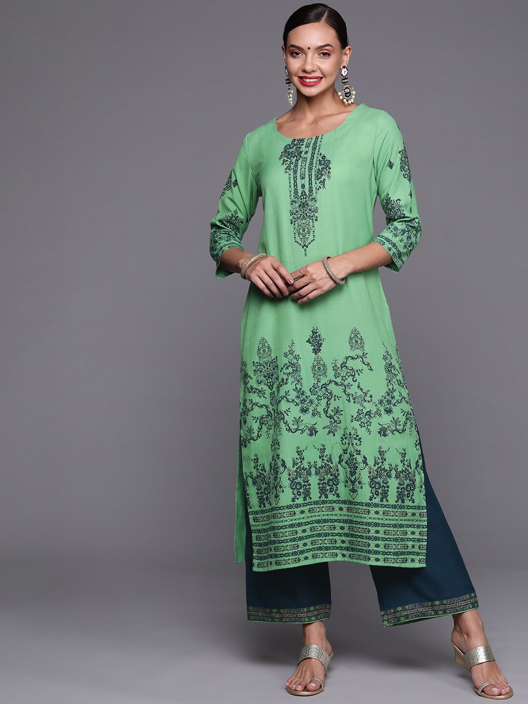 

Indo Era Women Round Neck Ethnic Motifs Printed Kurta With Palazzos, Green