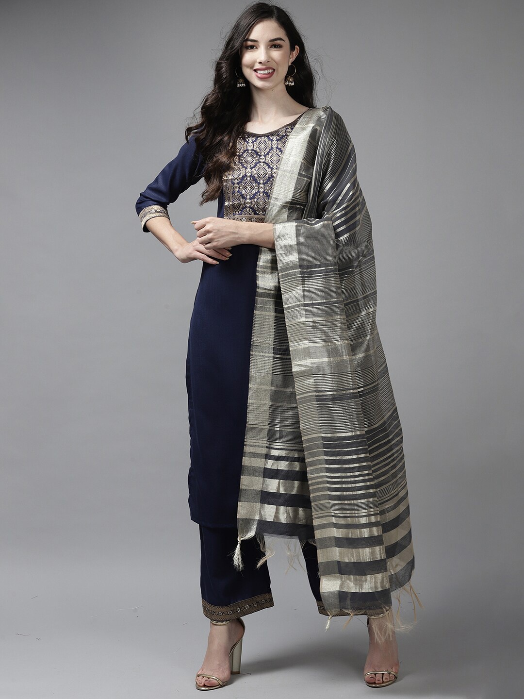 

Indo Era Yoke Design Kurta with Palazzos & Dupatta, Navy blue