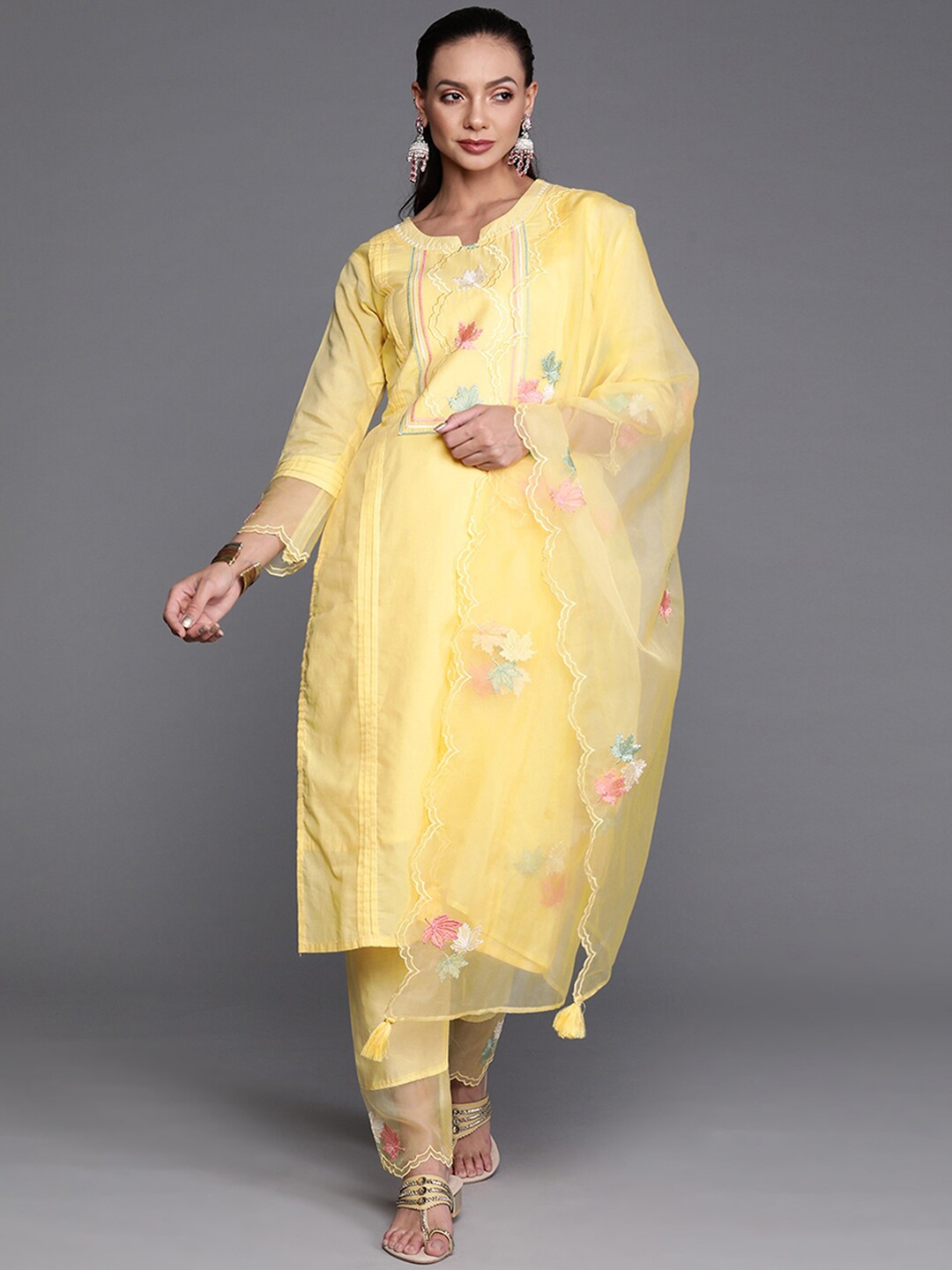 

Indo Era Floral Embroidered Kurta with Trousers & Dupatta, Yellow