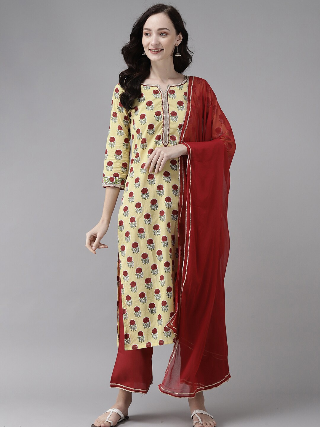 

Indo Era Floral Printed Gotta Patti Pure Cotton Kurta with Palazzos & Dupatta, Yellow
