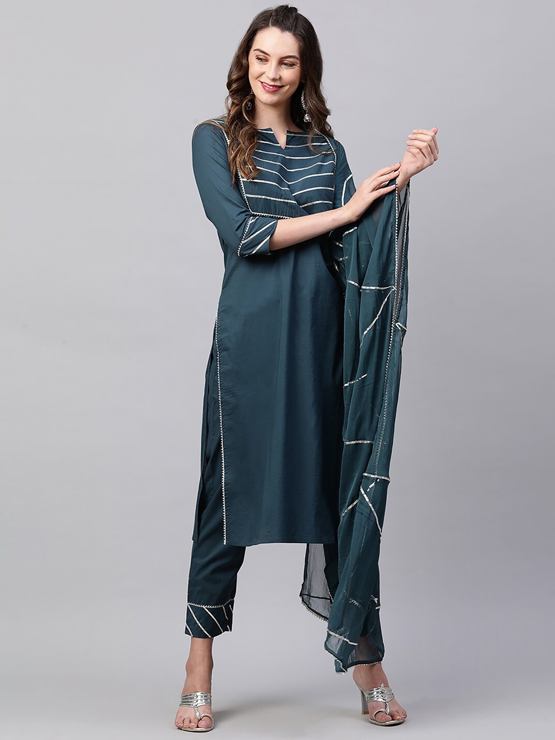 

Indo Era Women Gotta Patti Pure Cotton Kurta With Palazzos & Dupatta, Teal