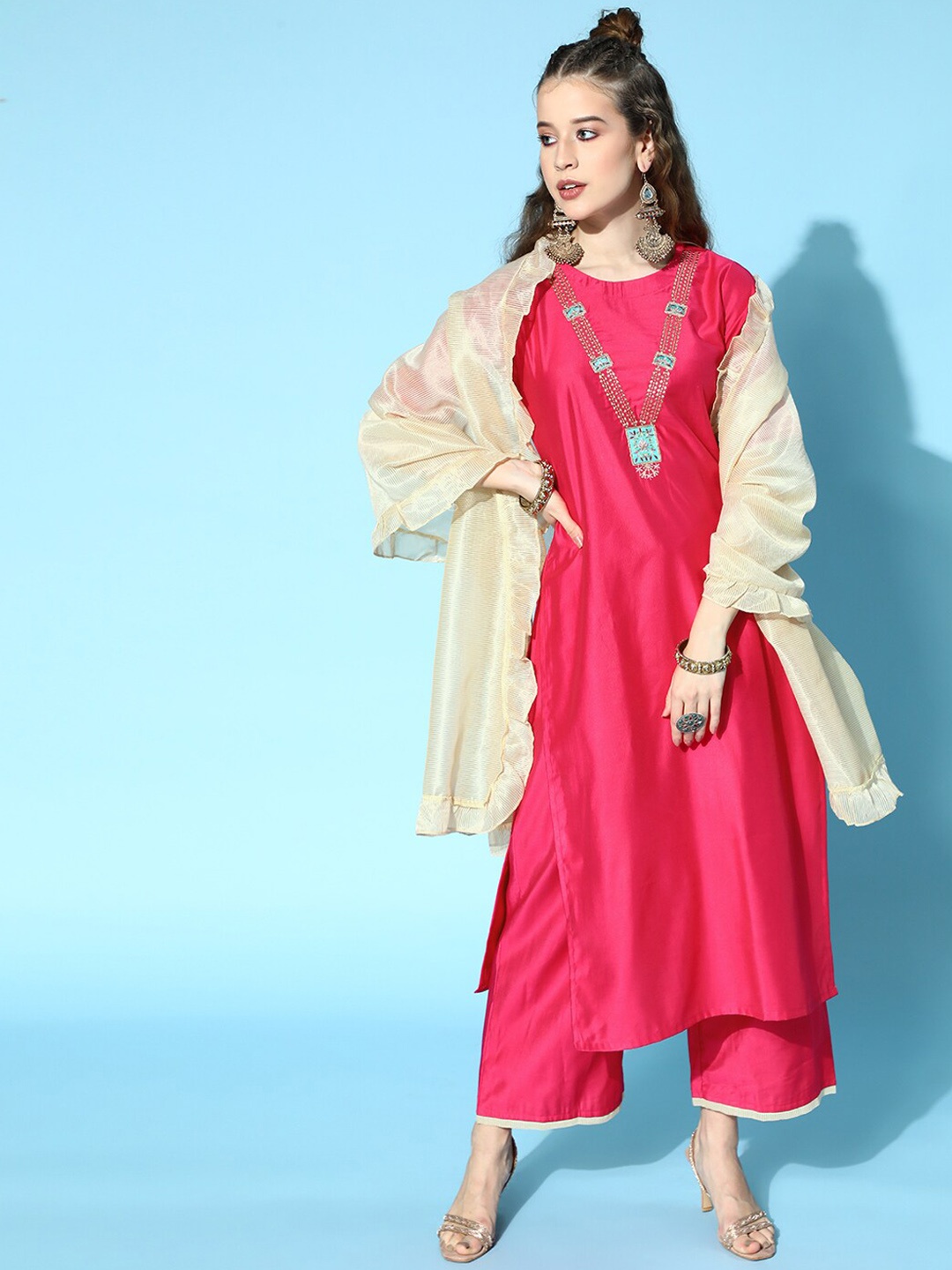 

Indo Era Women Ethnic Motifs Embroidered Beads and Stones Liva Kurta Set, Pink