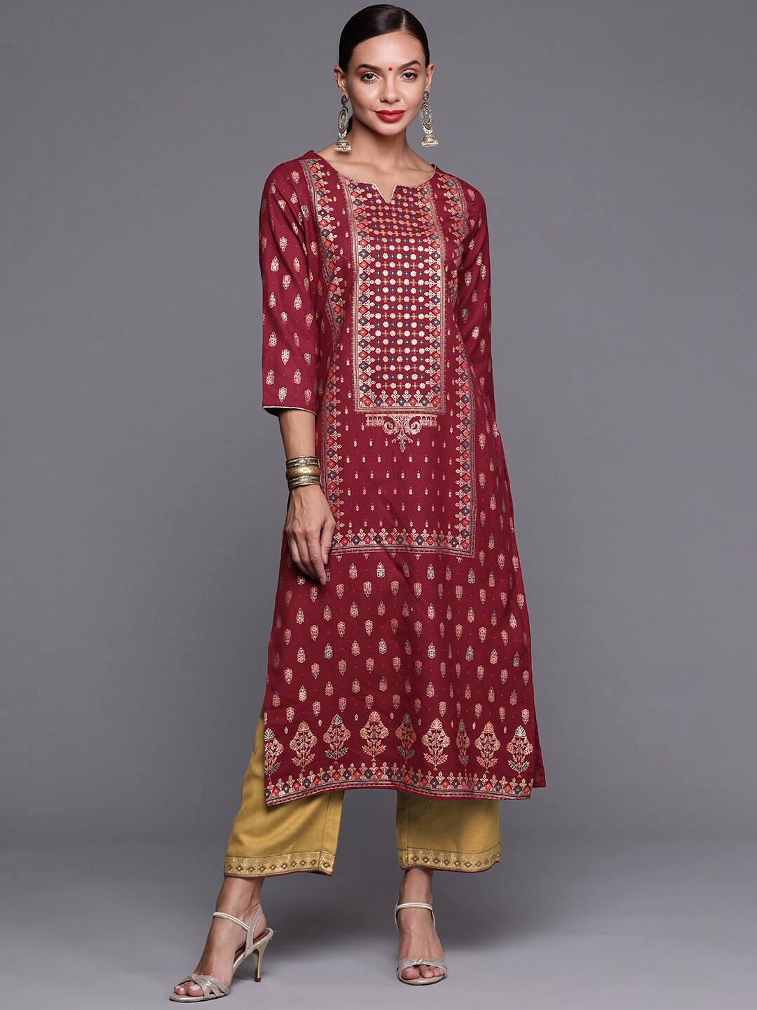 

Indo Era Women Ethnic Motifs Foil Printed Kurta with Palazzos, Maroon