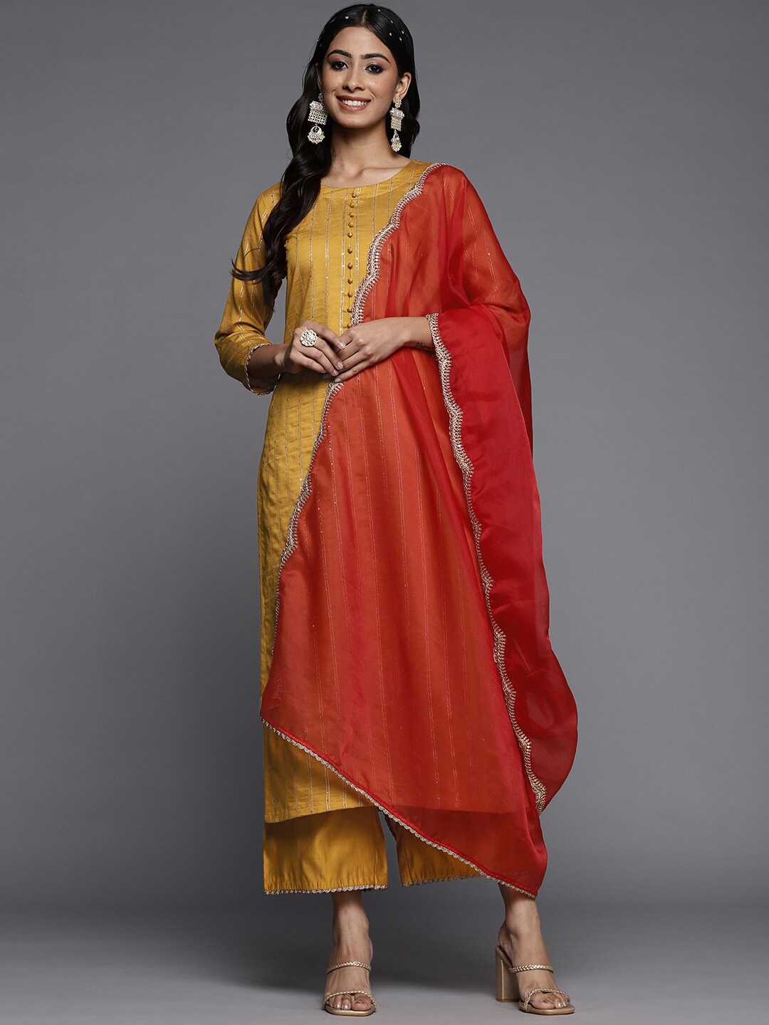 

Indo Era Women Striped Sequinned Liva Kurta With Palazzos & Dupatta, Mustard