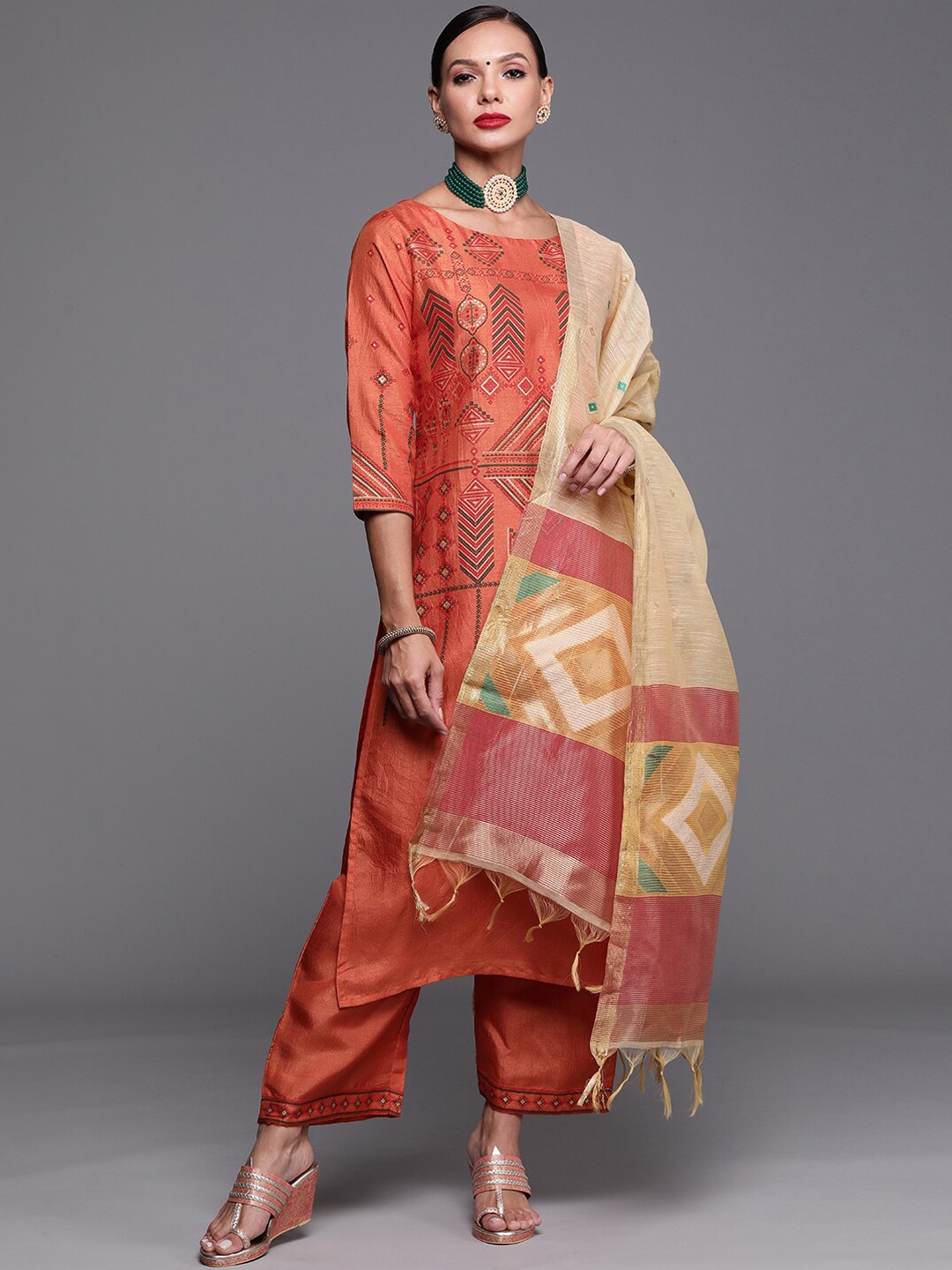 

Indo Era Women Ethnic Motifs Printed Kurta With Palazzos & Dupatta, Orange