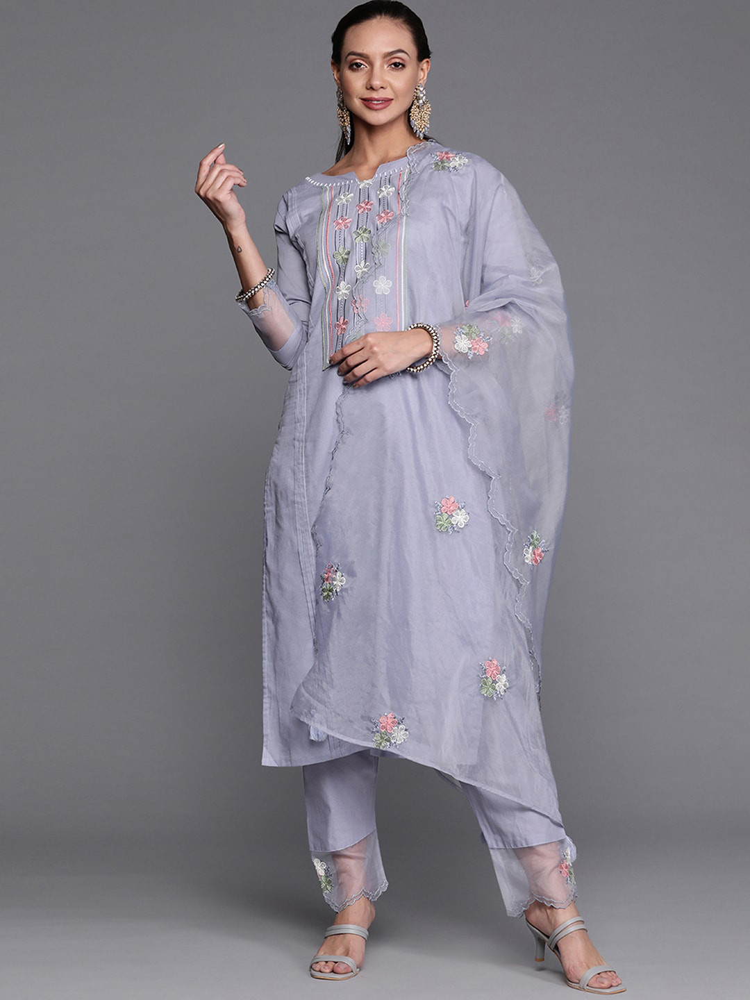 

Indo Era Floral Embroidered Kurta with Trousers & Dupatta, Lavender