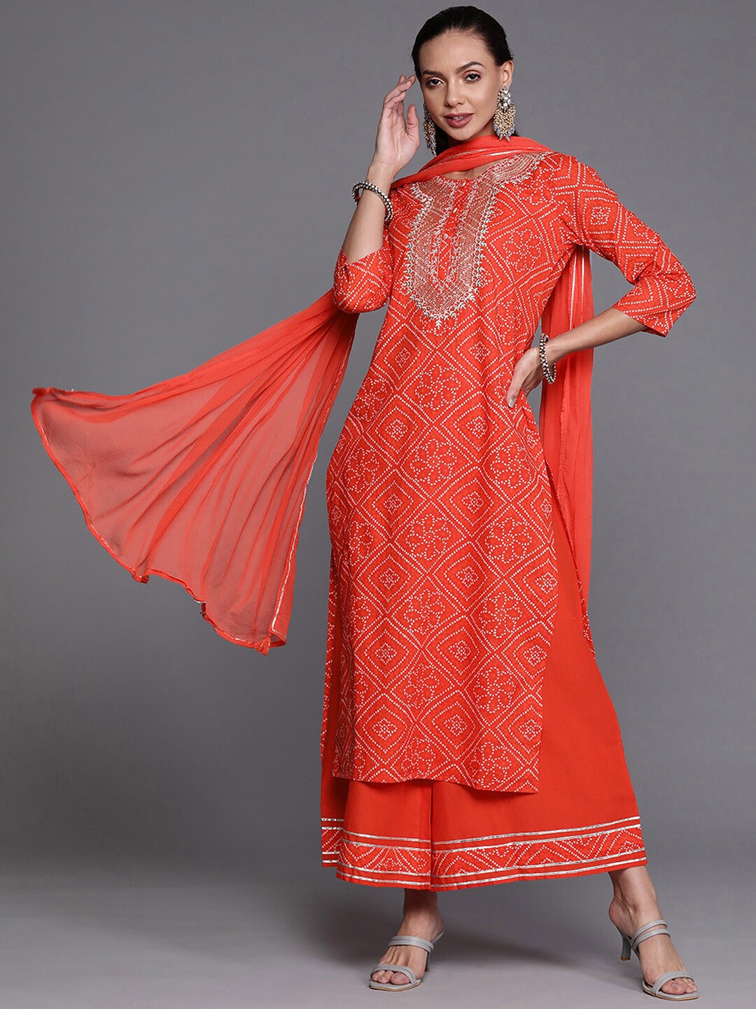 

Indo Era Women Bandhani Embroidered Kurta With Palazzos & Dupatta, Orange