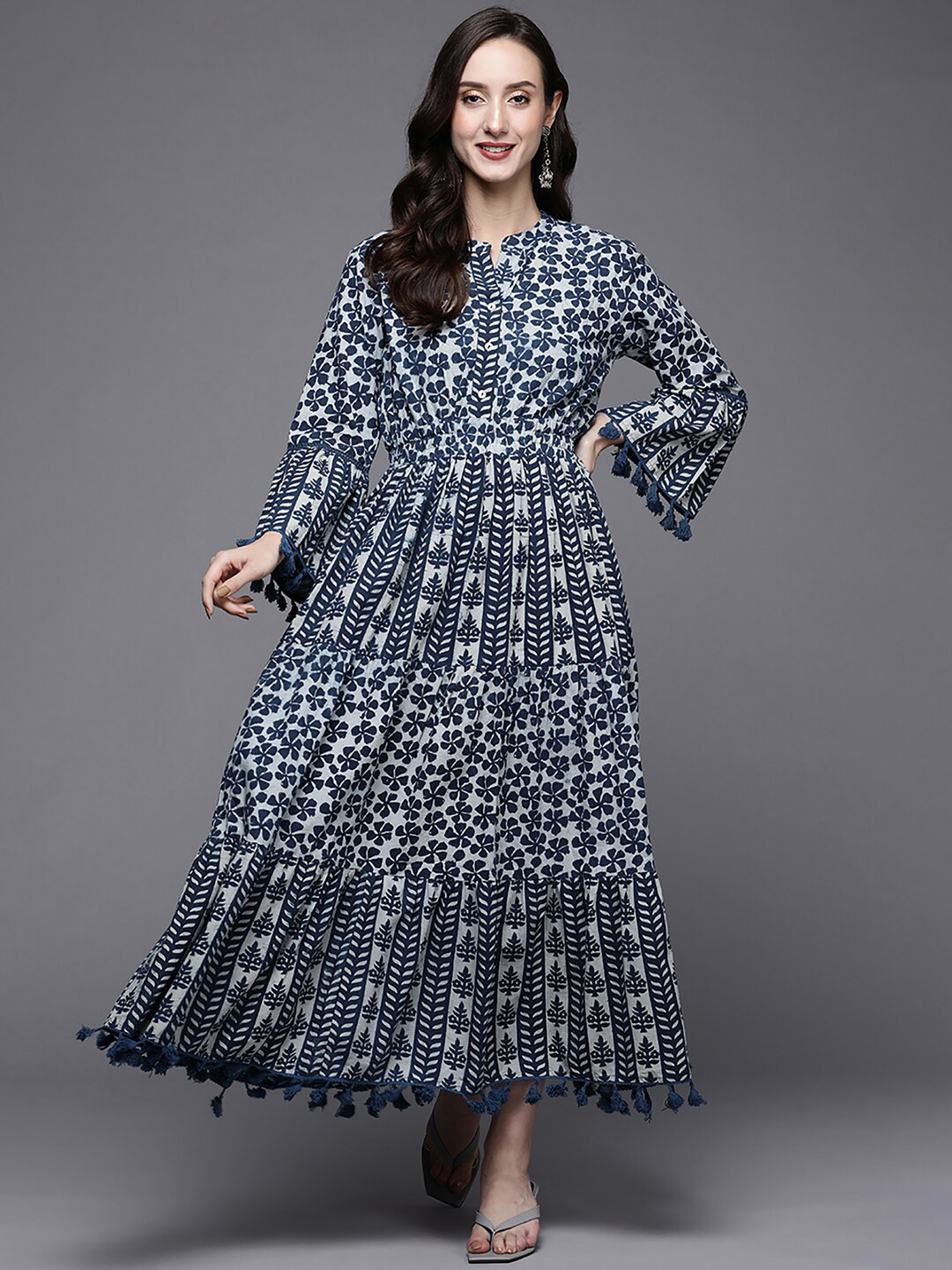 

Indo Era Printed Bell Sleeve Fit & Flare Cotton Dress, Blue