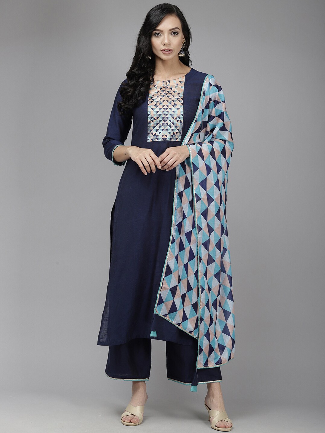 

Indo Era Women Yoke Design Kurta With Palazzos & Dupatta, Navy blue