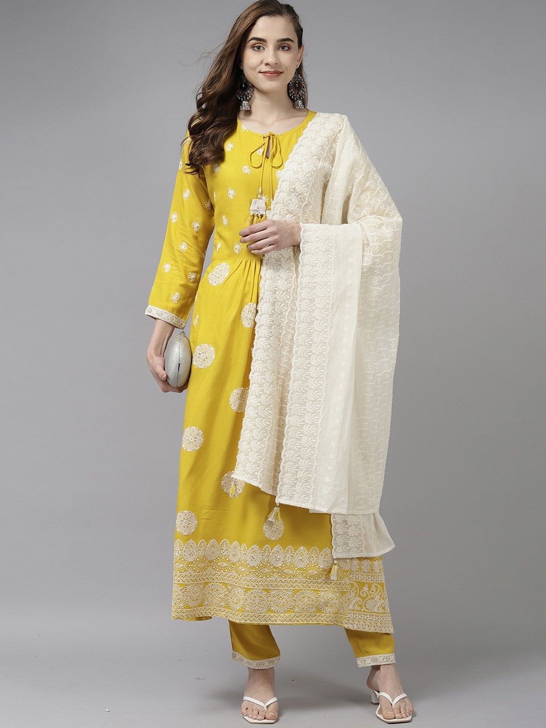 

Indo Era Women Ethnic Motifs Embroidered Thread Work Kurta With Trousers & Dupatta, Yellow