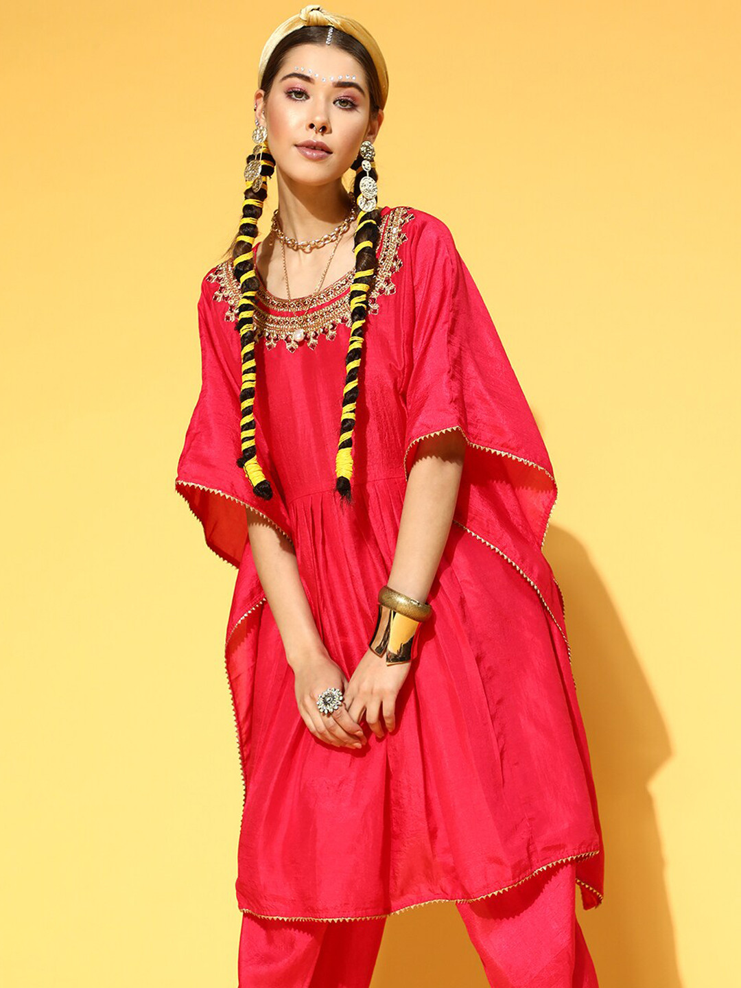 

Indo Era Women Ethnic Motifs Embroidered Gotta Patti Kurta With Dhoti Pants, Pink