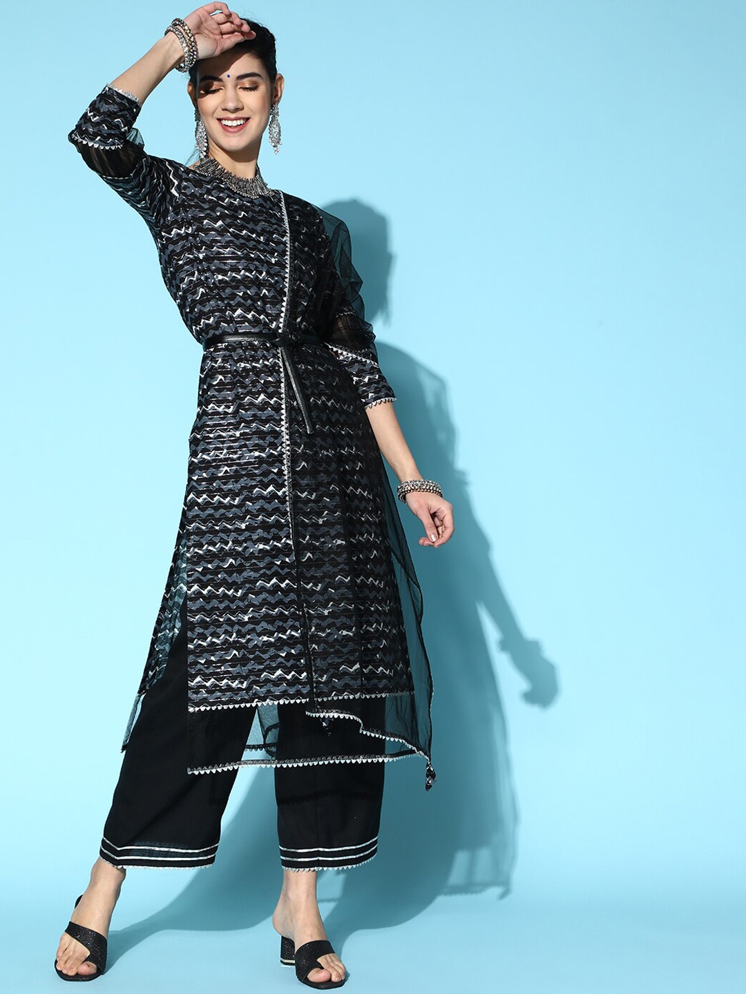 

Indo Era Women Printed Gotta Patti Kurta With Trousers & Dupatta, Black