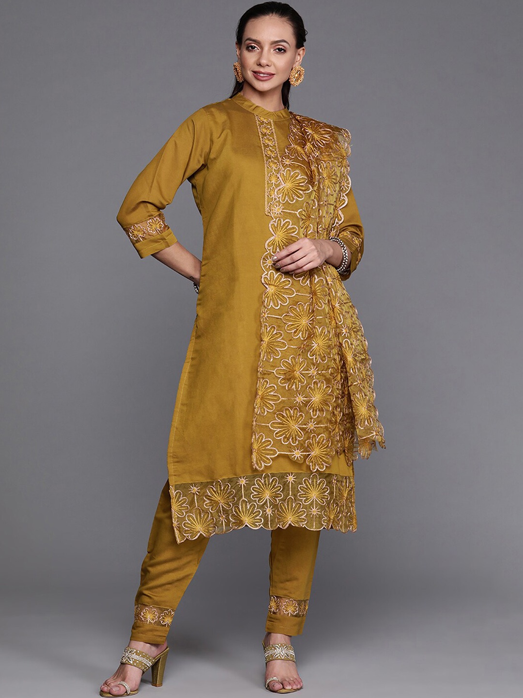 

Indo Era Women Floral Embroidered Thread Work Kurta With Trousers & Dupatta, Mustard