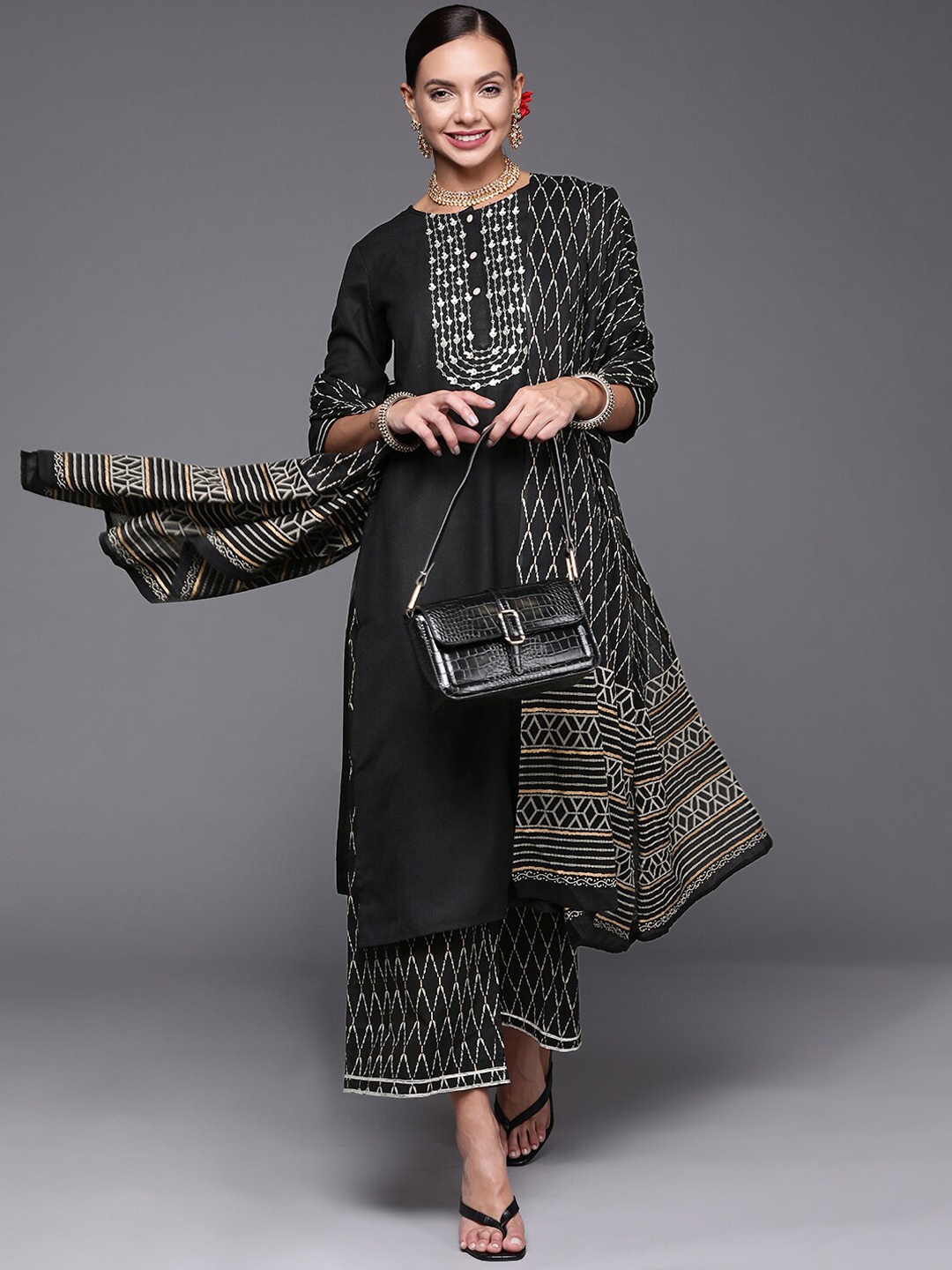 

Indo Era Women Ethnic Motifs Embroidered Kurta With Palazzos & Dupatta, Black