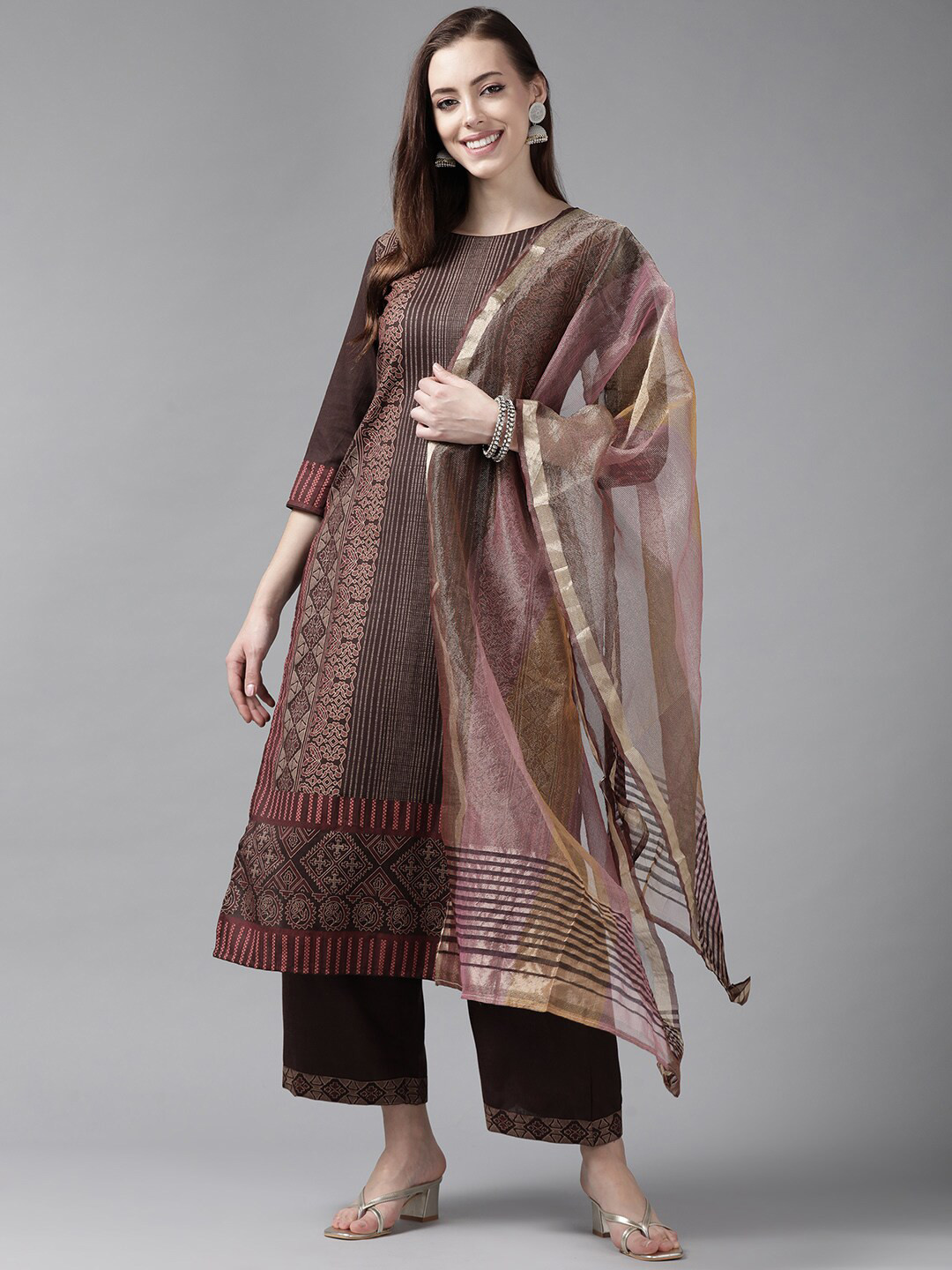 

Indo Era Women Ethnic Motifs Printed Kurta With Palazzos & Dupatta, Brown