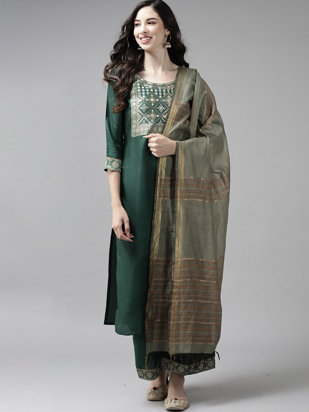 

Indo Era Women Ethnic Motifs Yoke Design Thread Work Kurta With Palazzos & Dupatta, Green
